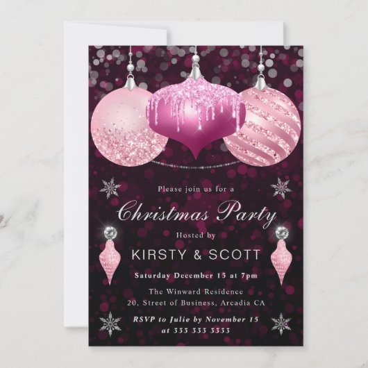 Roze Glitter Ballen Kerst Diner Feest Kaart (Voorkant)