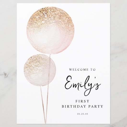 Roze Glitter Ballonnen 1e Verjaardag Budget Welkom (Voorkant)