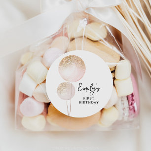 Roze Glitter Ballonnen 1e Verjaardag Party Favorie Ronde Sticker