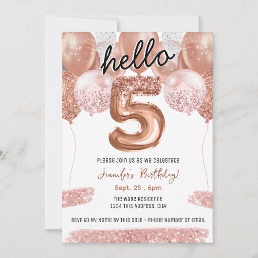 Roze Glitter Ballonnen 5e Verjaardagsfeest Kaart (Voorkant)