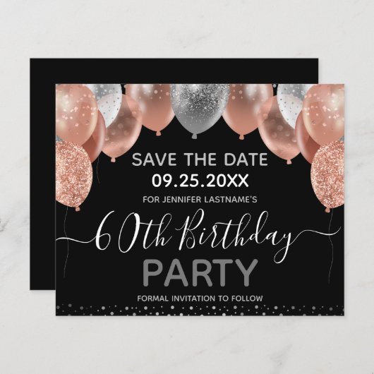 Roze Glitter-ballonnen 60th Birthday Save the Date (Voorkant / Achterkant)