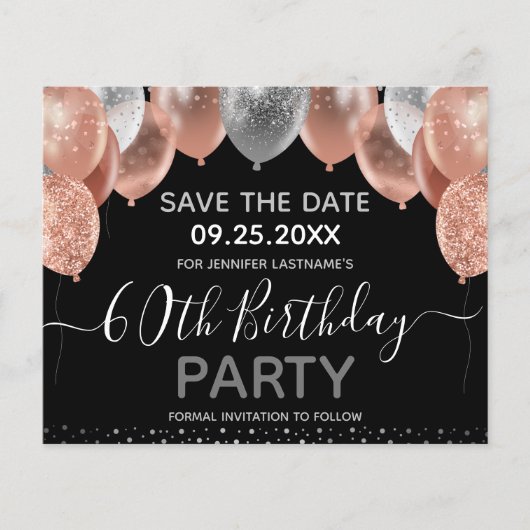 Roze Glitter-ballonnen 60th Birthday Save the Date (Voorkant)