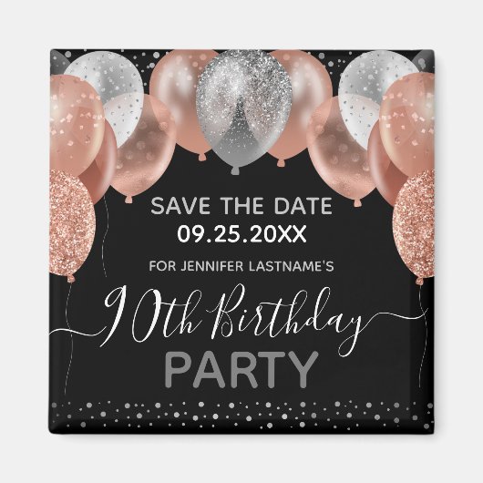 Roze Glitter-ballonnen 90th Birthday Save the Date Magneet (Voorkant)