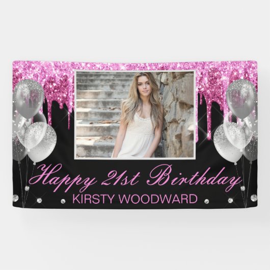 Roze Glitter & Ballonnen Verjaardag Spandoek (Horizontaal)