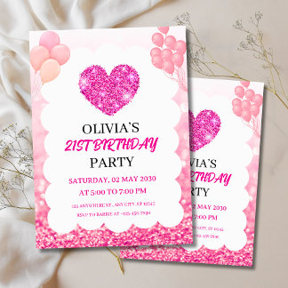 Roze Glitter & Ballonnen Verjaardagsfeestje  Kaart