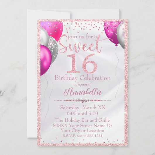 Roze Glitter Ballons op Satijn Sweet 16 Verjaardag Kaart (Voorkant)