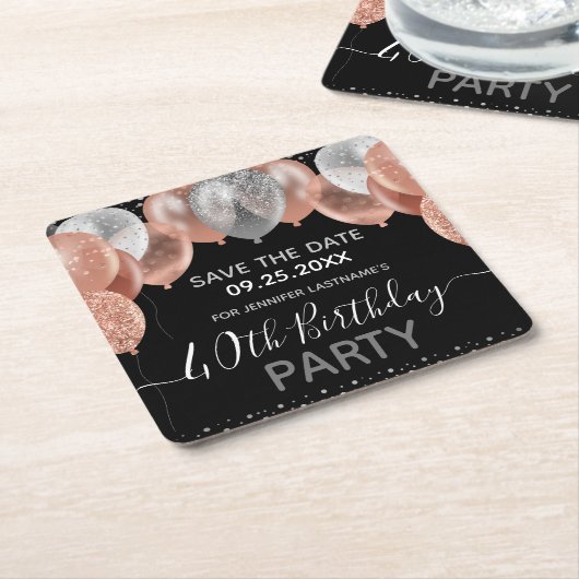 Roze Glitter Balloons 40e verjaardag sparen de Dat Kartonnen Onderzetters (Schuin)