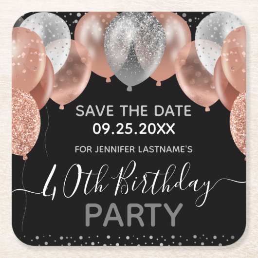 Roze Glitter Balloons 40e verjaardag sparen de Dat Kartonnen Onderzetters (Voorkant)