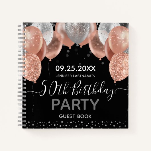 Roze Glitter Balloons 50th Birthday Guest Book Notitieboek (Voorkant)