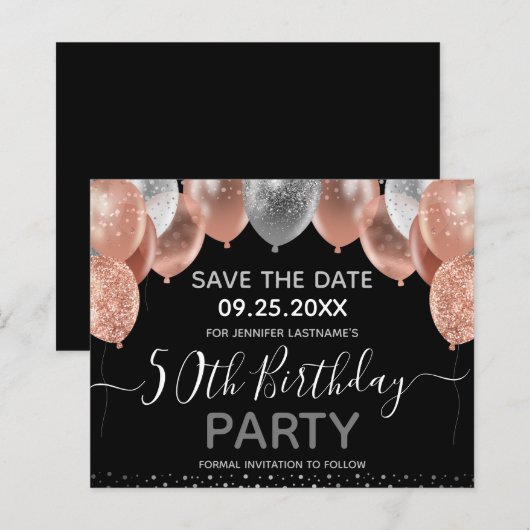 Roze Glitter Balloons 50th Birthday Save the Date (Voorkant / Achterkant)