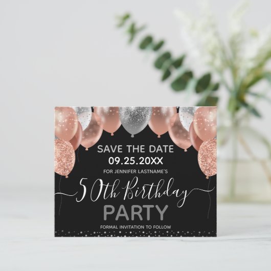 Roze Glitter Balloons 50th Birthday Save the Date (Staand voorkant)