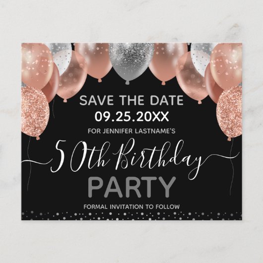 Roze Glitter Balloons 50th Birthday Save the Date (Voorkant)