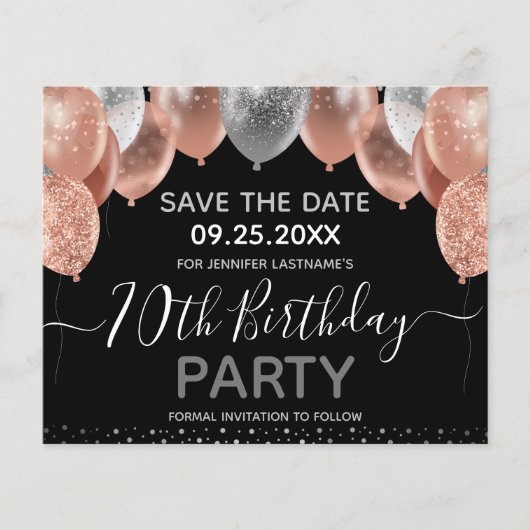 Roze Glitter Balloons 70th Birthday Save the Date (Voorkant)