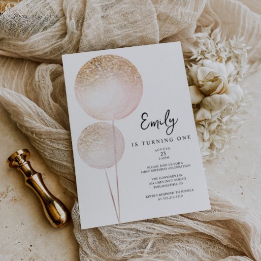 Roze Glitter Balloons Meisje Eerste Verjaardag Par Kaart