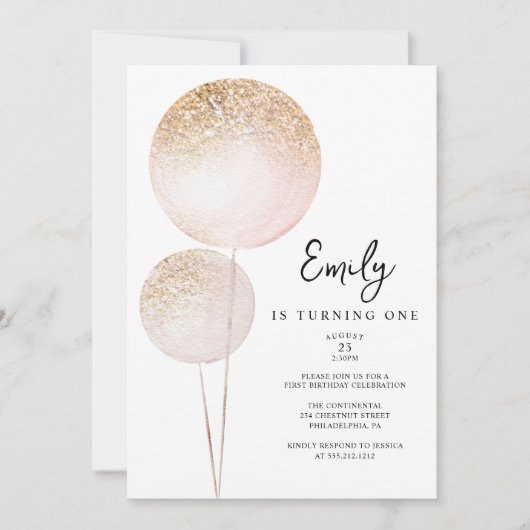 Roze Glitter Balloons Meisje Eerste Verjaardag Par Kaart (Voorkant)