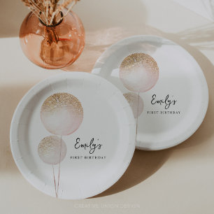 Roze Glitter Balloons Meisje Eerste Verjaardag Par Papieren Bordje