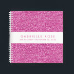 Roze Glitter Bat Mitzvah Guestbook Notitieboek<br><div class="desc">Helderroze glitter (gedrukt afbeelding) met een witte streep op de omslag van een gepersonaliseerd gastenboek met ruimte voor een optionele Hebreeuwse naam, of om het even welke tekst u wilt. Een roze, dunne partij accessoire voor een Bat Mitzvah, Sweet 16, Quinceanera of Birthday, of een schetsboek voor een roze glans...</div>