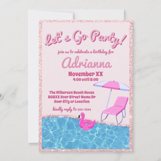 Roze Glitter Beach Party Kaart (Voorkant)