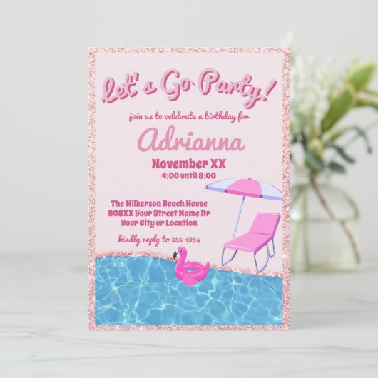 Roze Glitter Beach Party Kaart (Staand voorkant)