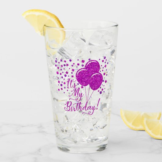Roze Glitter Birthday Balloons! Glas (Voorkant ijs)