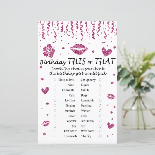 Roze glitter Birthday Dit of dat spel (Staand voorkant)