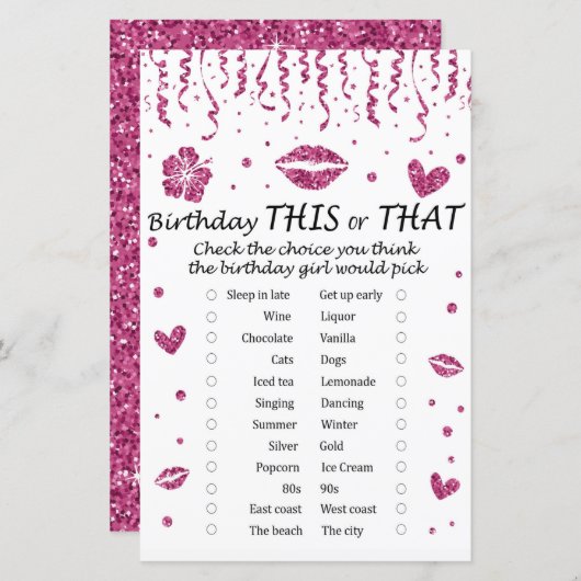 Roze glitter Birthday Dit of dat spel (Voorkant / Achterkant)