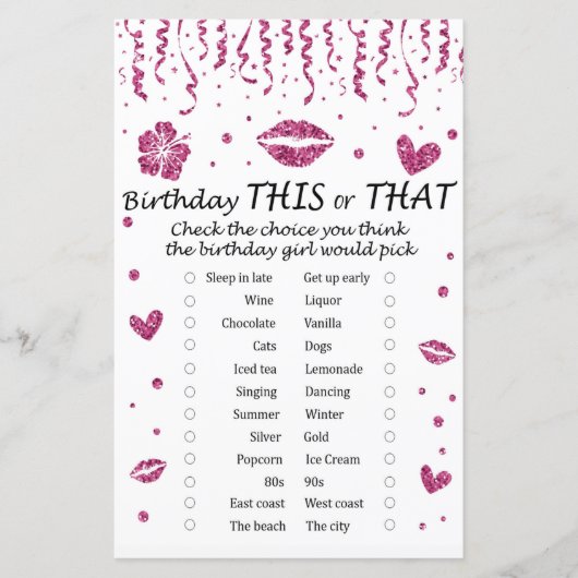Roze glitter Birthday Dit of dat spel (Voorkant)