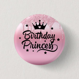 Roze Glitter "Birthday Princess" Ronde Button 3,2 Cm