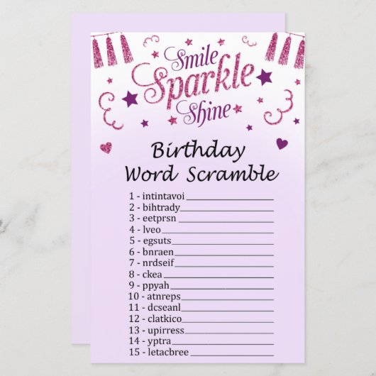 Roze glitter Birthday Word Scramble Game (Voorkant / Achterkant)
