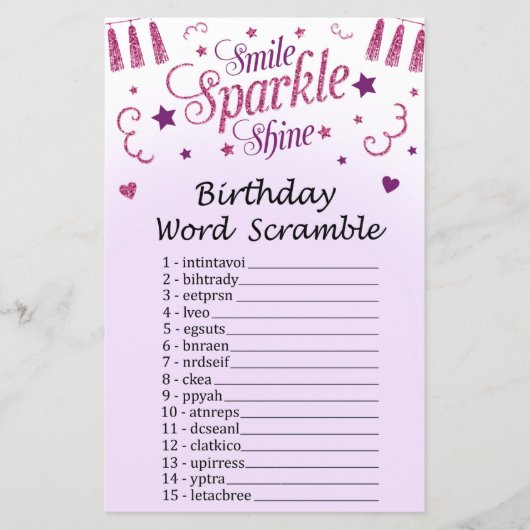 Roze glitter Birthday Word Scramble Game (Voorkant)