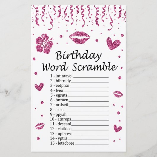 Roze glitter Birthday Word Scramble Game (Voorkant)