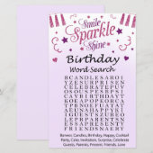 Roze glitter Birthday Word Search Game (Voorkant / Achterkant)
