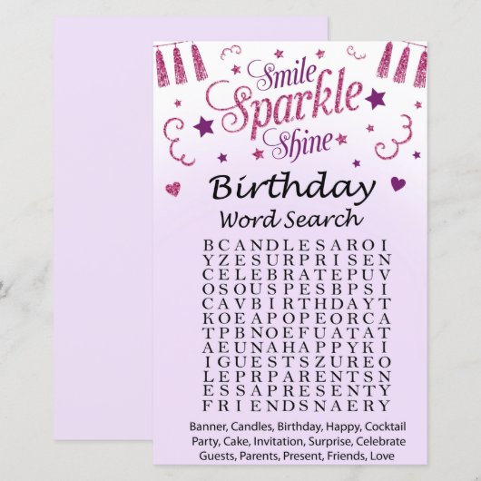 Roze glitter Birthday Word Search Game (Voorkant / Achterkant)