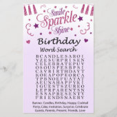 Roze glitter Birthday Word Search Game (Voorkant)