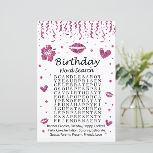 Roze glitter Birthday Word Search Game (Staand voorkant)