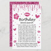 Roze glitter Birthday Word Search Game (Voorkant / Achterkant)