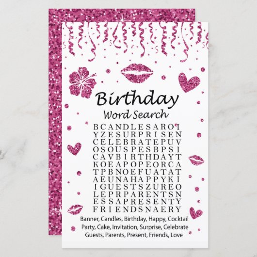 Roze glitter Birthday Word Search Game (Voorkant / Achterkant)