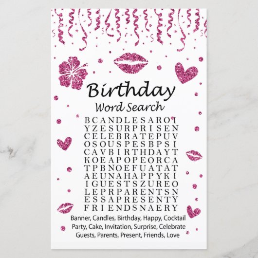 Roze glitter Birthday Word Search Game