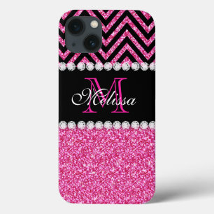 Roze Glitter Black Chevron MonogramMED iPhone 13 Hoesje