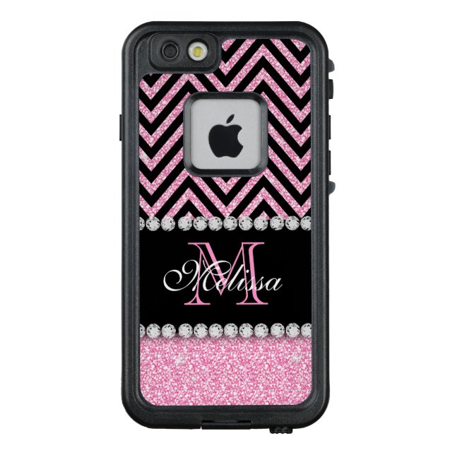 Roze Glitter Black Chevron Monogrammed LifeProof iPhone Hoesje (Achterkant)