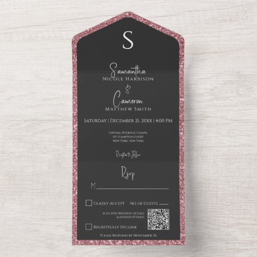 Roze Glitter & Black Glam QR-code All In One Uitnodiging (Binnen)
