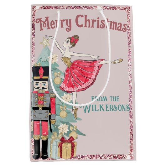  roze glitter & Blauwgroen kerstkerst Medium Cadeauzakje (Voorkant)