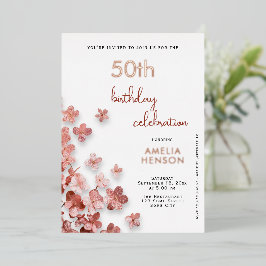  Roze Glitter Bloemen Bloem 50ste Verjaardag Folie Uitnodiging