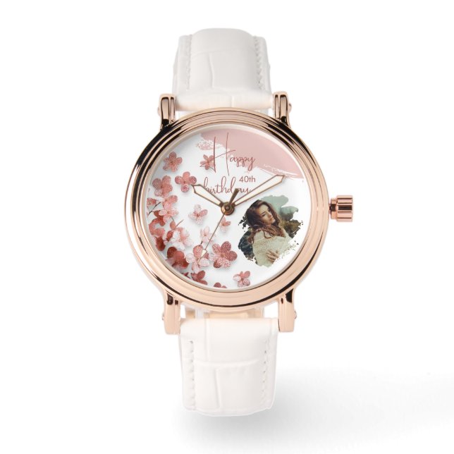 Roze Glitter Bloemen Bloemen 40e Verjaardag Foto Horloge (Voorkant)