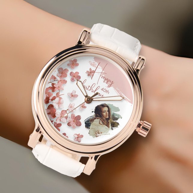 Roze Glitter Bloemen Bloemen 40e Verjaardag Foto Horloge (Creator heeft geüpload)
