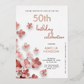 Roze Glitter Bloemen Bloemen 50ste Verjaardag Folie Uitnodiging (Voorkant)