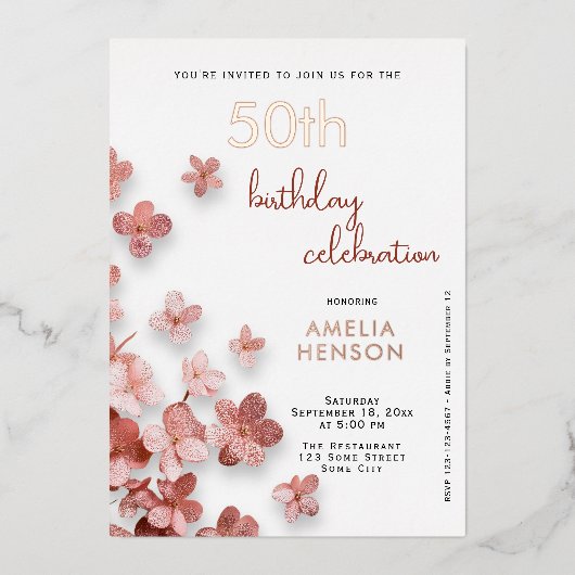 Roze Glitter Bloemen Bloemen 50ste Verjaardag Folie Uitnodiging (Voorkant)