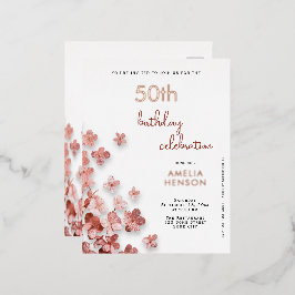 Roze Glitter Bloemen Bloemen 50ste Verjaardag Folie Uitnodiging Briefkaart