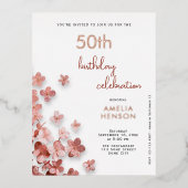 Roze Glitter Bloemen Bloemen 50ste Verjaardag Folie Uitnodiging Briefkaart (Voorkant)