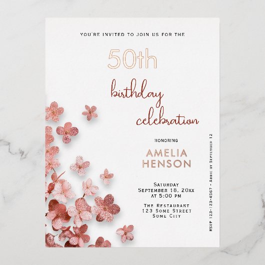 Roze Glitter Bloemen Bloemen 50ste Verjaardag Folie Uitnodiging Briefkaart (Voorkant)